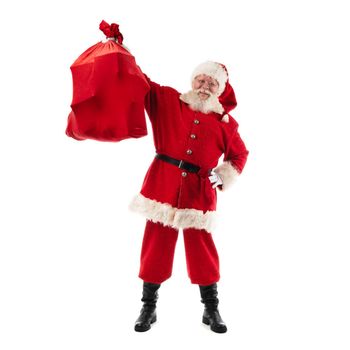 Santa Claus shows Christmas gift bag isolated on white background