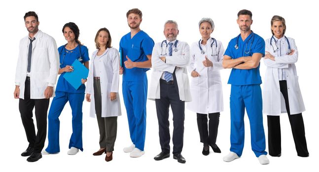 Group full length portrait of medical workers isolated on white background, doctor, nurse in uniform