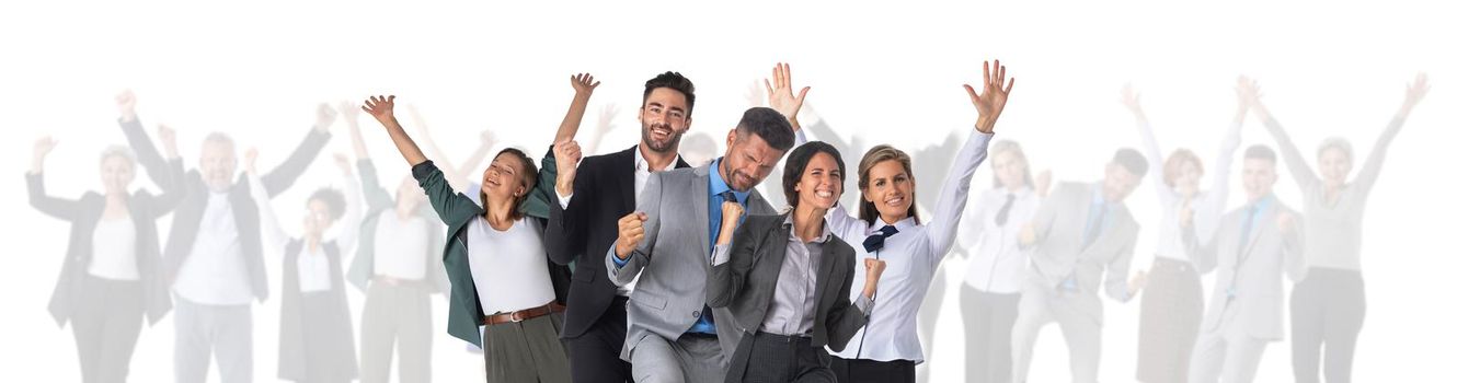 Large and very happy business group with arms raised isolated over a white background