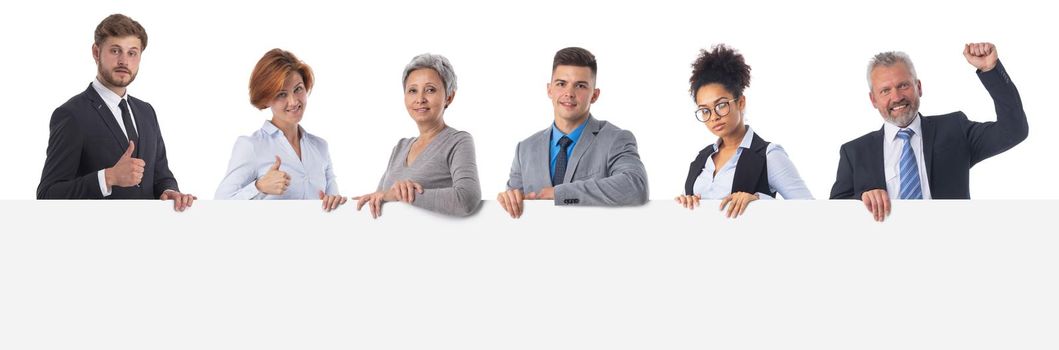 Business group with banner isolated over white background, copy space for text content. Successful businesspeople