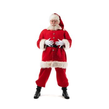 Santa Claus with hands on belly holding his hands on belt, isolated on white background.