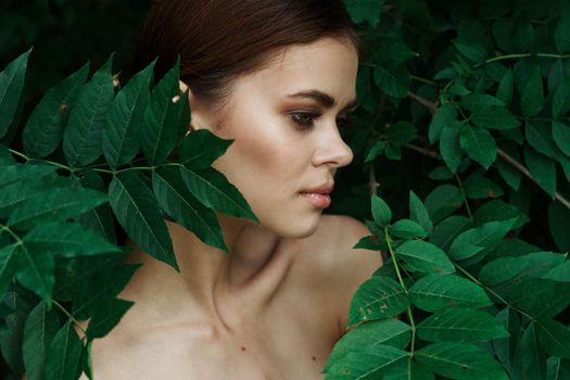 portrait of a woman Cosmetology nature green leaves glamor model. High quality photo