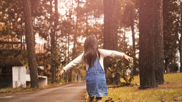 Little girl walking on the balance beam in the park. Childhood happiness concept.