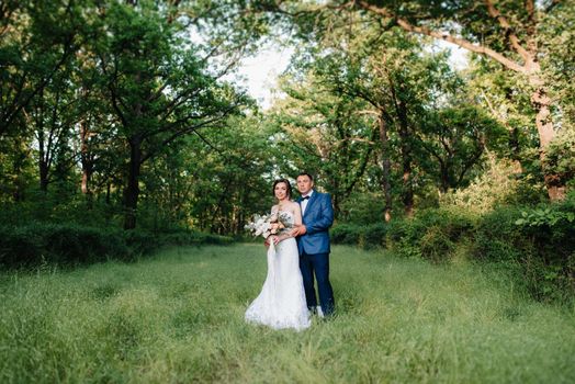 A couple in love a guy and a girl on a walk in the forest belt