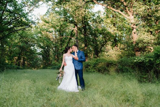 A couple in love a guy and a girl on a walk in the forest belt