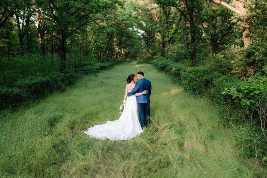 A couple in love a guy and a girl on a walk in the forest belt