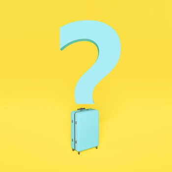 blue question mark with dot shaped suitcase. concept travel, new normal. yellow background. 3d rendering