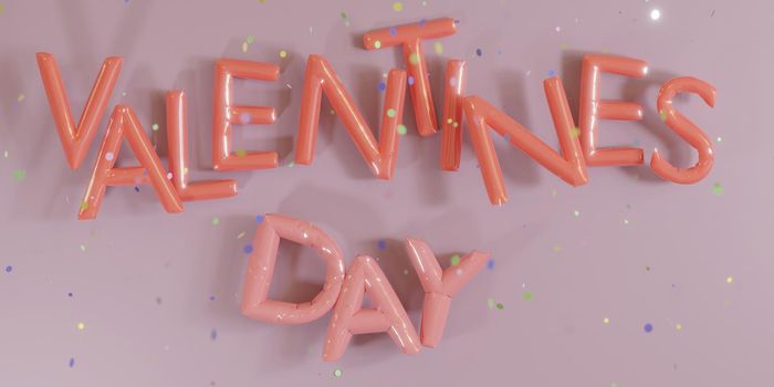 red valentine sign with balloons and confetti falling on a pink background. 3d render