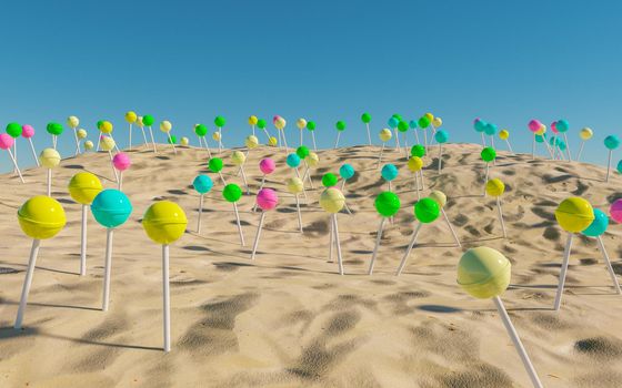 sandy beach with lots of colorful lollipops. 3d illustration