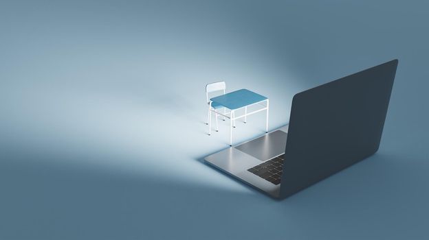 school desk in front of an illuminated laptop screen with space for text. concept of online education and virtual classroom. 3d rendering