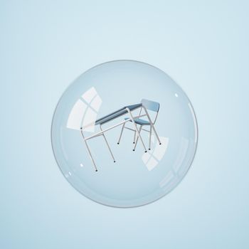 school desk inside a glass bubble floating in the air. concept of education, coronavirus, isolation and pandemic. 3d render