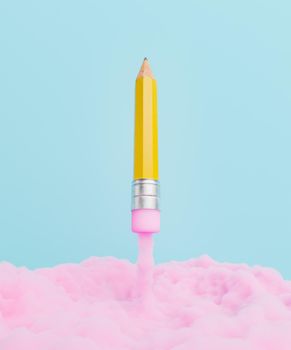 wooden pencil with eraser taking off from the ground with pink smoke cloud. minimal concept of brainstorming, creativity and learning. 3d render