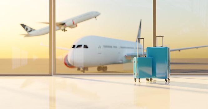 blue suitcases at an airport with runway and out-of-focus airplanes behind. Travel concept. 3d rendering