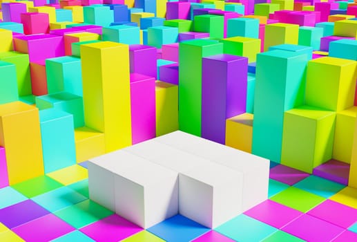 very colorful product podium of cubes with white stand. rainbow color. 3d rendering