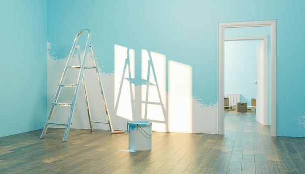 interior of a new house with paint can and half painted wall with stairs and moving boxes in the back room. 3d rendering