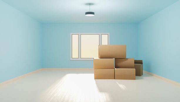 empty house room with wooden floor with moving boxes and a window illuminating. 3d rendering