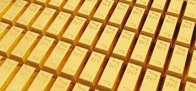 pattern of many fine gold bullion bars with intense light. 3d illustration