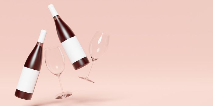 banner of two wine bottles suspended in the air with blank labels and two wine glasses next to them. copy space. 3d rendering