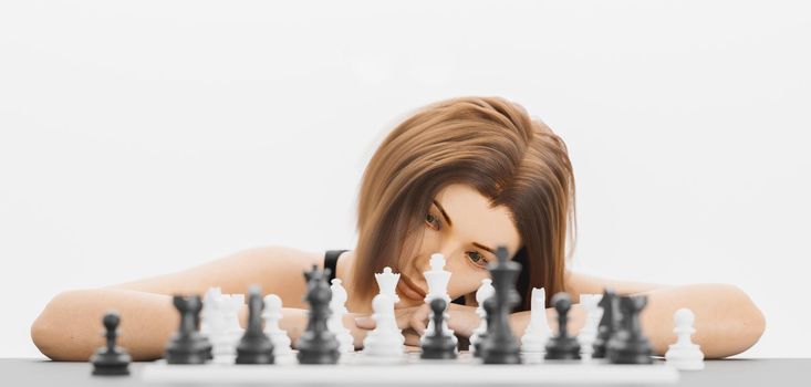 white girl watching a chess game perched on the table with out of focus pieces and white background. 3d render