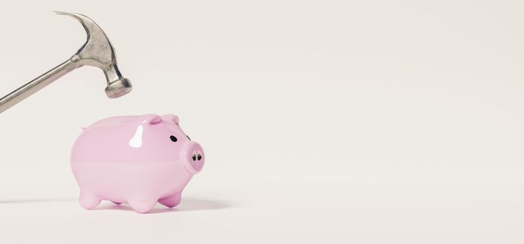 banner of small pink piggy bank with a hammer on top that is going to break it on white background. concept savings. 3d rendering