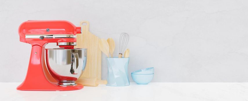 Kitchen utensils with white wall and table and a red kitchen mixer in front. 3d rendering