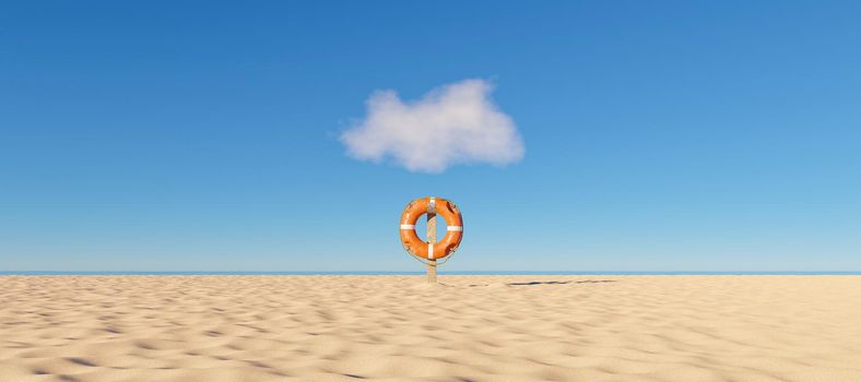 Lifebuoy alone on a beach with the sea in the background and a small cloud above. copy space. 3d render