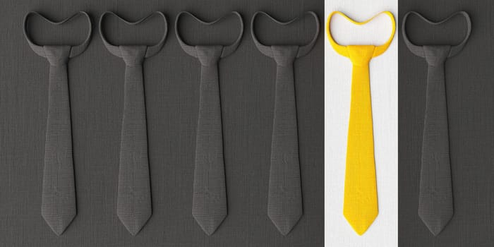 black fabric ties with one of them yellow on white stripe. 3d render
