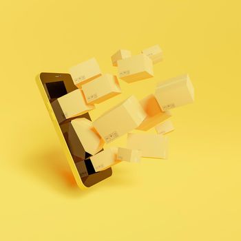 generic yellow mobile phone with a lot of delivery boxes coming out of its screen. 3d rendering