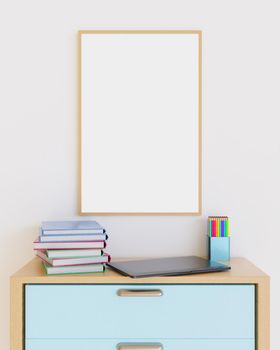 mockup of a wooden frame on a bedroom furniture with laptop, books and colored pencils on top. 3d rendering