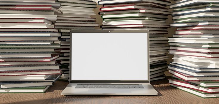 laptop mockup on a wooden table full of piles of books around. 3d rendering