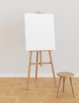 wooden easel with a blank canvas and a stool in front of it in a bright room with soft shadows and parquet floor. 3d render