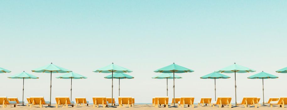 beach full of umbrellas and hammocks lined with the horizon of the sea in the background. 3d render