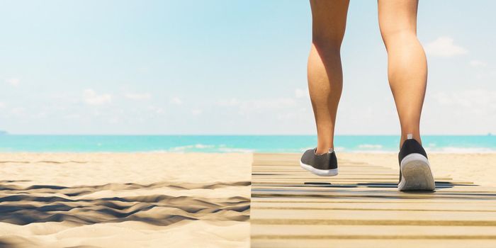 closeup of woman's legs walking on wooden path on beach sand towards the sea. 3d render