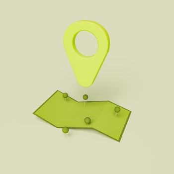 3d location pin with abstract map underneath and thumbtacks on top. minimal concept of travel, nature and transportation. 3d render