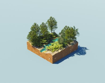 isometric illustration of a small nature corner with a river and trees around. 3d render