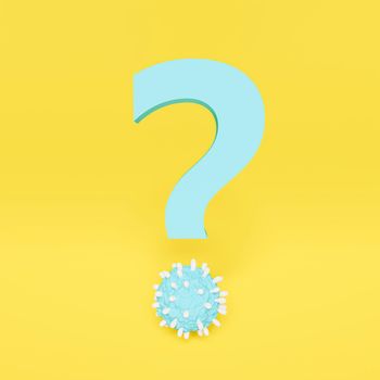 blue question mark with virus-shaped dot. yellow background. 3d rendering