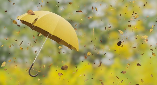 yellow umbrella suspended in the air with falling autumn leaves and blurred forest background behind. 3d render