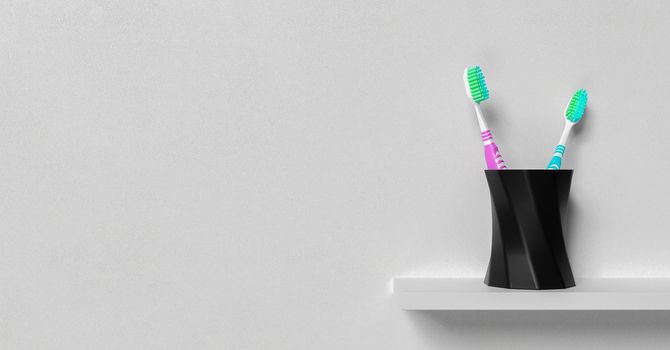 toothbrushes in a black glass on a white shelf and wall with space for text. 3d render