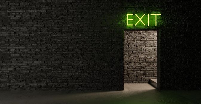 dark subway interior of brick walls with an illuminated door with neon EXIT sign above. space for text. 3d render