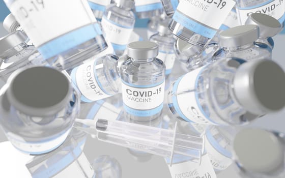 MANY CANS OF CORONAVIRUS VACCINE FALLING ON GLASS TABLE WITH REFLECTIONS AND SYRINGE