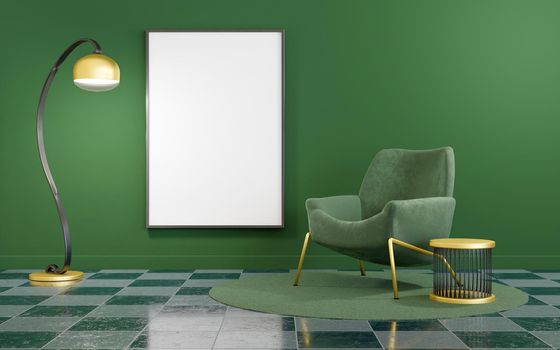 green and gold minimalist interior with frame mock up. 3d rendering