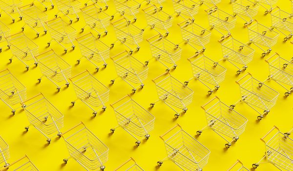 pattern of shopping carts on yellow background. 3d render