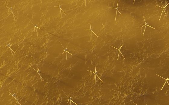 top view of wind energy farm over the sea with fog at sunset. 3d rendering