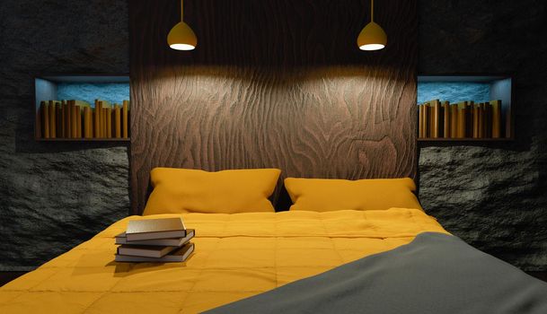 interior of a bedroom with a wooden headboard, stone wall, bed with yellow sheets and a library behind it. 3d render