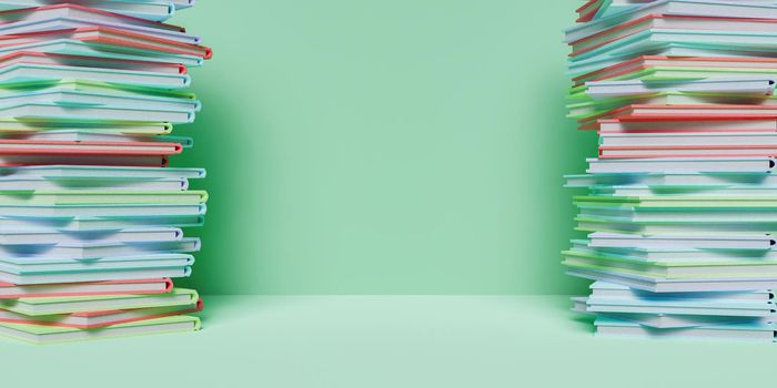 banner of colored book columns on the sides with pastel green background. 3d rendering