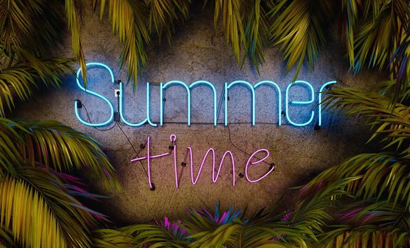 neon lamp with the words SUMMER TIME surrounded by palm leaves. 3d rendering