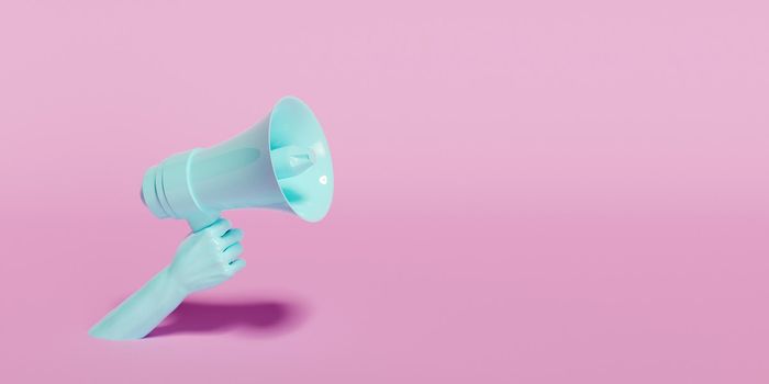 hand holding a blue megaphone on a pink background with space for text. 3d render