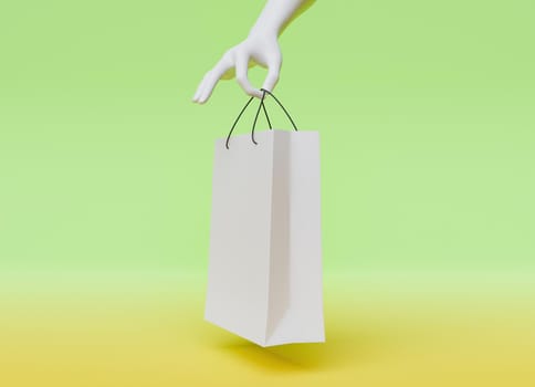 mockup of white shopping bag held by a white hand on pastel color gradient background. 3d render