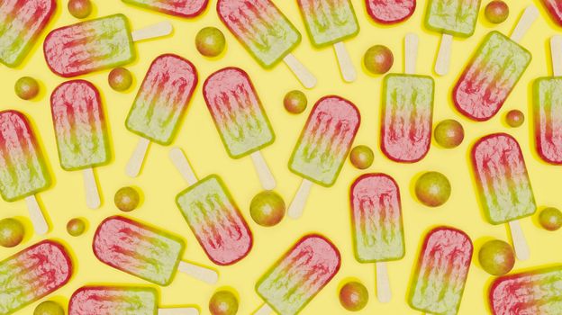 candy ice lolly pattern with gradient color and messy spheres on pastel background. 3d render