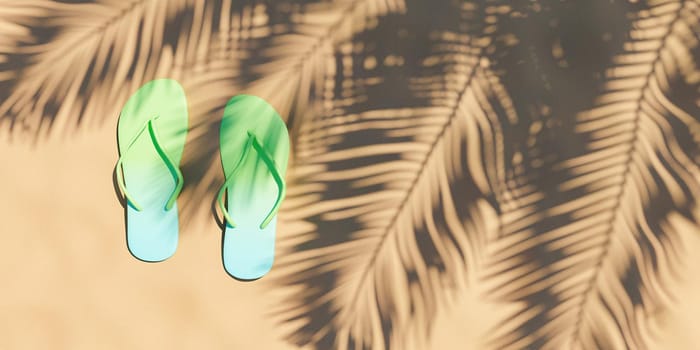 flip flops with gradient color on beach sand with palm tree shadow and space for text. summer time. 3d render